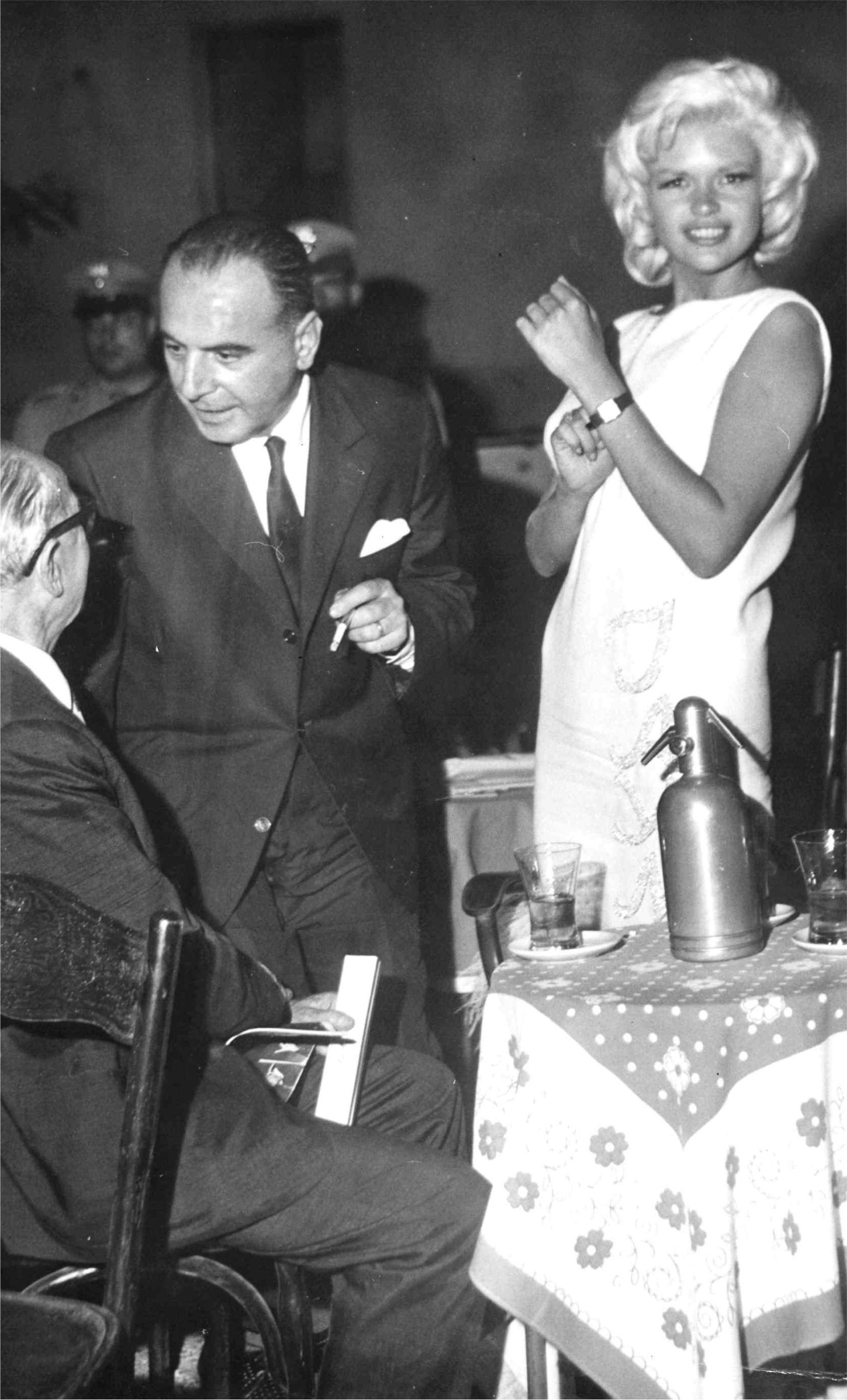 Cesare with Jayne Mansfield, modelling a Zanardi wrist watch at a film award in Milan